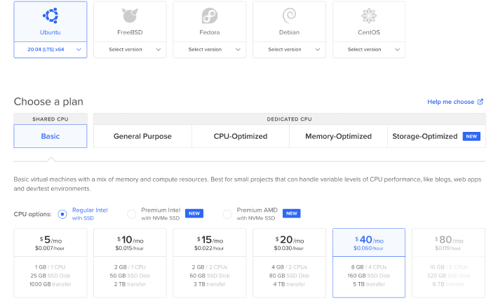 DigitalOcean droplet selection